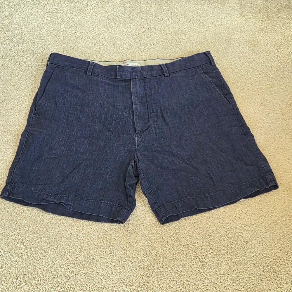 Banana Republic 100% Linen Shorts Mens Size 38 Navy Chino Resortwear Old Money